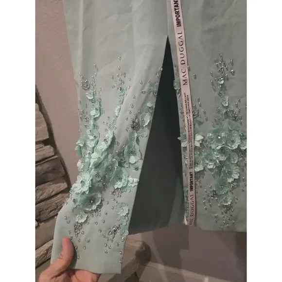 Mac Duggal 11853 Bateau Neck Green Sleeveless Midi Dress 3D Floral Appliques 14